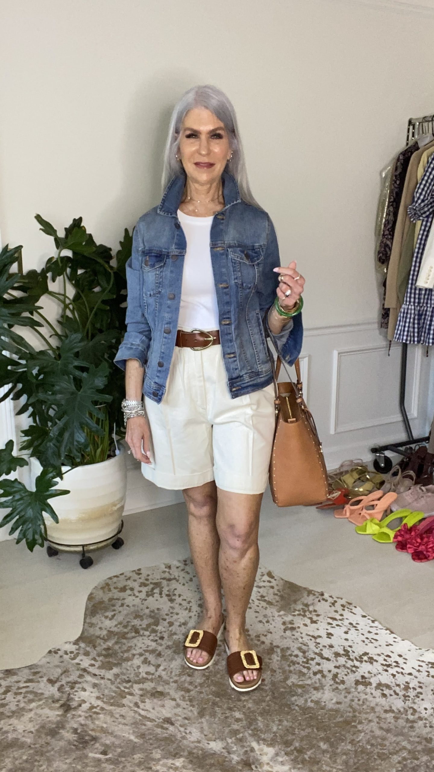 silver hair lady wearing denim jacket- five fashion staples for summer