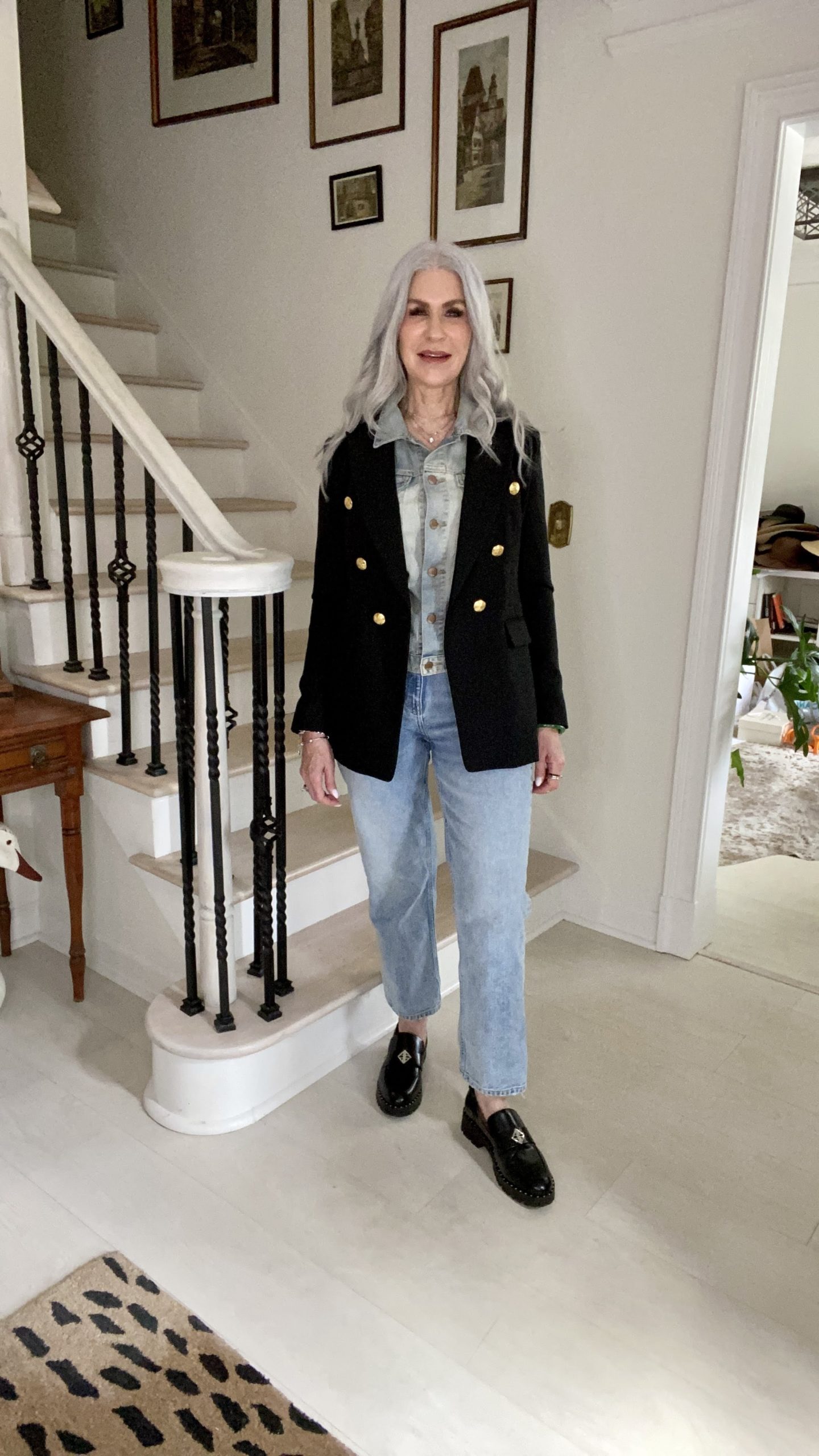 silver hair lady wearing jeans and shirt 