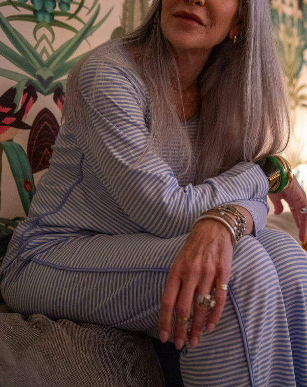 Mature woman wearing striped, blue Lake Pajamas