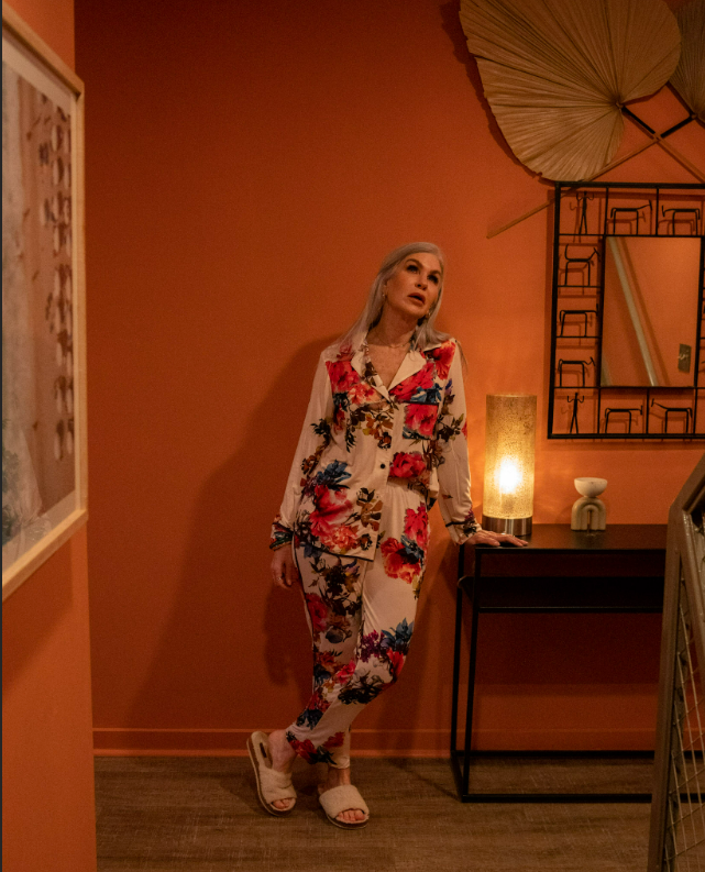 lady wearing floral print soma pajamas