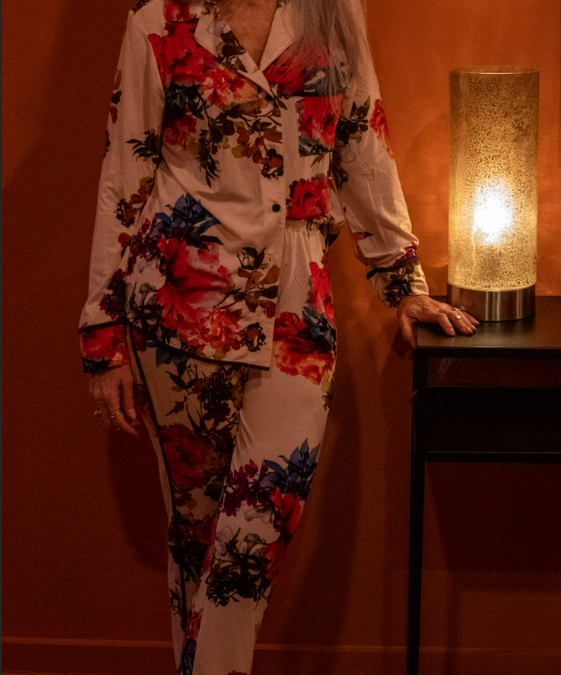 lady wearing floral print soma pajamas