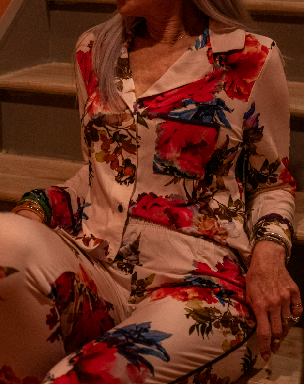 up close shot of lady wearing floral soma pajamas