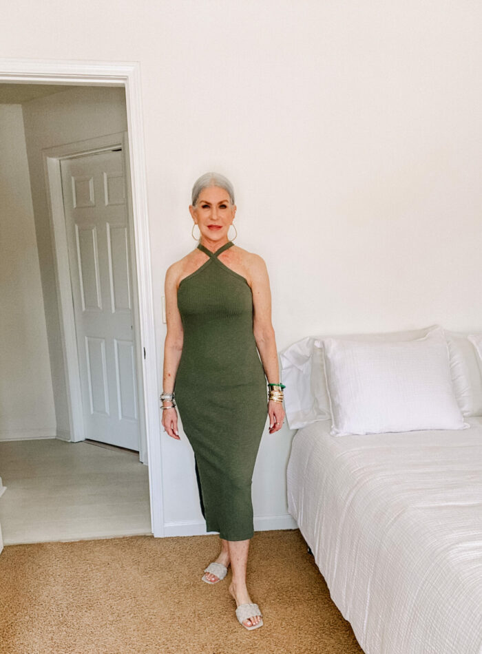 lady wearing olive green dress
