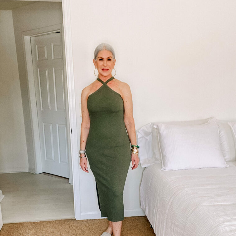 lady wearing olive green dress